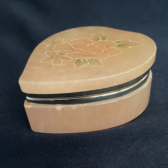 Limoges Pale Pink Genuine Alabaster Trinket Dish Hand Carved and Engraved Floral - Picture 3 of 8